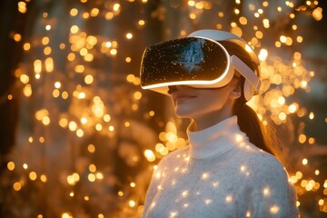 Festive Lights in Virtual Reality: A Woman Immersed in a Magical Winter Scene with VR Headset Combining the Joy of Holiday Lights with the Thrill of Modern Digital Exploration