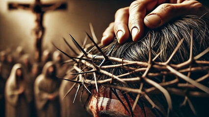 crown of thorns being placed on Jesus head.