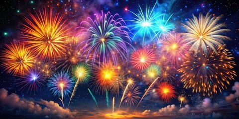 Obraz premium Vibrant fireworks explode in the dark night sky, casting a kaleidoscope of colors across the stars, with bursts of light and smoking trails lingering.