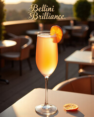 A sophisticated Bellini cocktail garnished with a fresh peach slice, glowing softly in the warm light of dusk on a cozy outdoor patio.