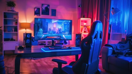 Neon Lit Gaming Setup with a Futuristic Cityscape