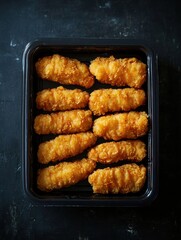 Golden Chicken Tenders in Black Container
