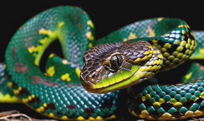 Obraz premium A green and yellow snake with black markings coils around a branch in the forest