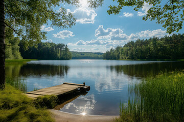 beautiful large lake with a small sandy beach with a wooden pier surrounded by forest, generative AI