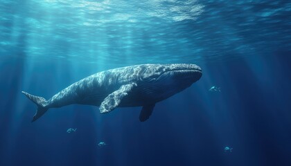 A humpback whale swims gracefully through the clear blue water, bathed in sunlight.