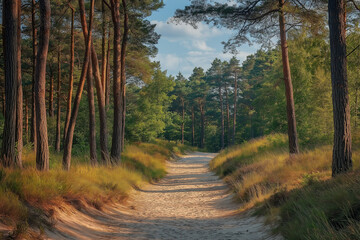 Fototapeta premium forest sand road in beautiful green forest in summer, generative AI