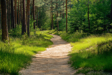 Fototapeta premium forest sand road in beautiful green forest in summer, generative AI