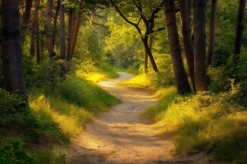 Obraz premium forest sand road in beautiful green forest in summer, generative AI