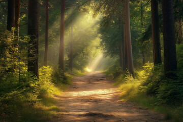 Naklejka premium forest sand road in beautiful green forest in summer, generative AI