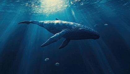 Fototapeta premium A humpback whale swims through a sunlit ocean, with a few small fish visible.