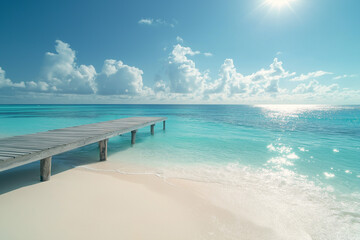 Fototapeta premium light wooden jetty on a beautiful clear turquoise ocean on a beach in the Maldives, wallpaper, generative AI