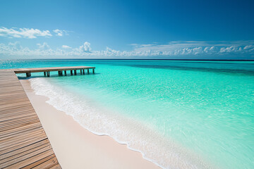 Fototapeta premium light wooden jetty on a beautiful clear turquoise ocean on a beach in the Maldives, wallpaper, generative AI