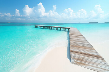 Fototapeta premium light wooden jetty on a beautiful clear turquoise ocean on a beach in the Maldives, wallpaper, generative AI