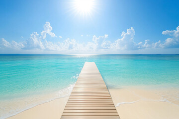 light wooden jetty on a beautiful clear turquoise ocean on a beach in the Maldives, wallpaper, generative AI