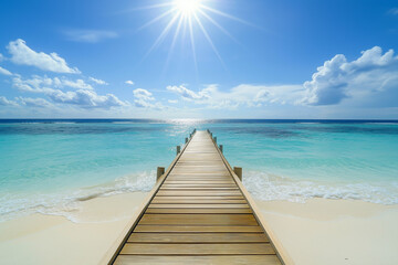 Obraz premium light wooden jetty on a beautiful clear turquoise ocean on a beach in the Maldives, wallpaper, generative AI