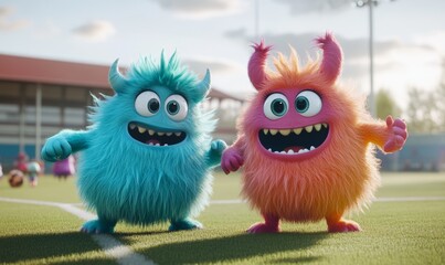 Furry Monsters Holding Hands on Soccer Field