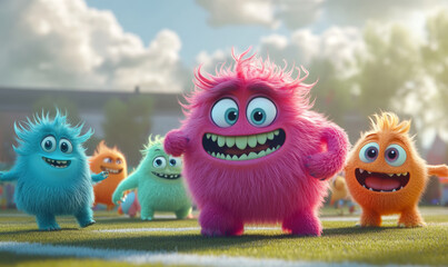 Furry Monsters Playing on a Soccer Field
