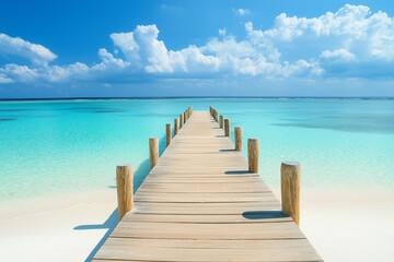 Fototapeta premium light wooden jetty on a beautiful clear turquoise ocean on a beach in the Maldives, wallpaper, generative AI
