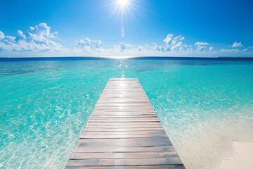 Fototapeta premium light wooden jetty on a beautiful clear turquoise ocean on a beach in the Maldives, wallpaper, generative AI