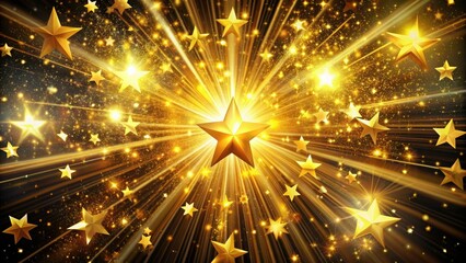 Vibrant golden stars burst into a kaleidoscope of shimmering light, radiating explosive energy and dynamic movement against a dark, cosmic-inspired background.