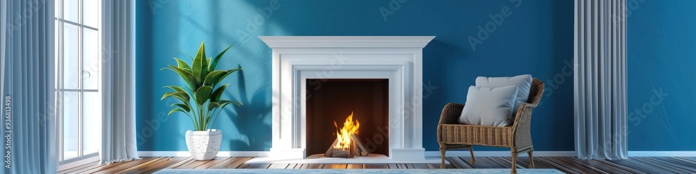 Canvas Prints white fireplace with blue wall backdrop