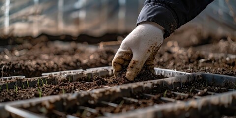 Agriculturalist preparing a biodegradable seedling tray with soil and organic matter for spring cultivation and planting in eco-friendly farming methods.