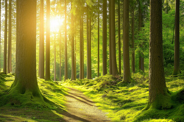 beautiful green forest on a beautiful sunny day, generative AI