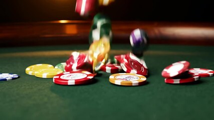 Exciting poker game takes place in a dimly lit casino with intense player focus
