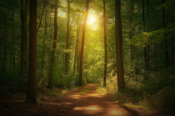 Obraz premium beautiful green forest on a beautiful sunny day, generative AI