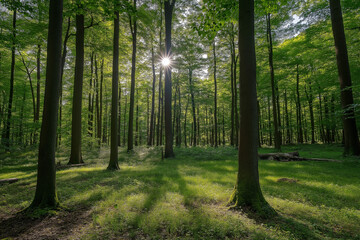Fototapeta premium beautiful green forest on a beautiful sunny day, generative AI