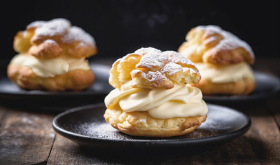 Cream puffs dusted with powdered sugar sit on a black plate