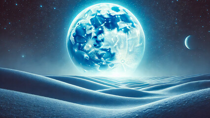 Fototapeta premium blue moon rising over a snowy landscape, with the snow reflecting the cold
