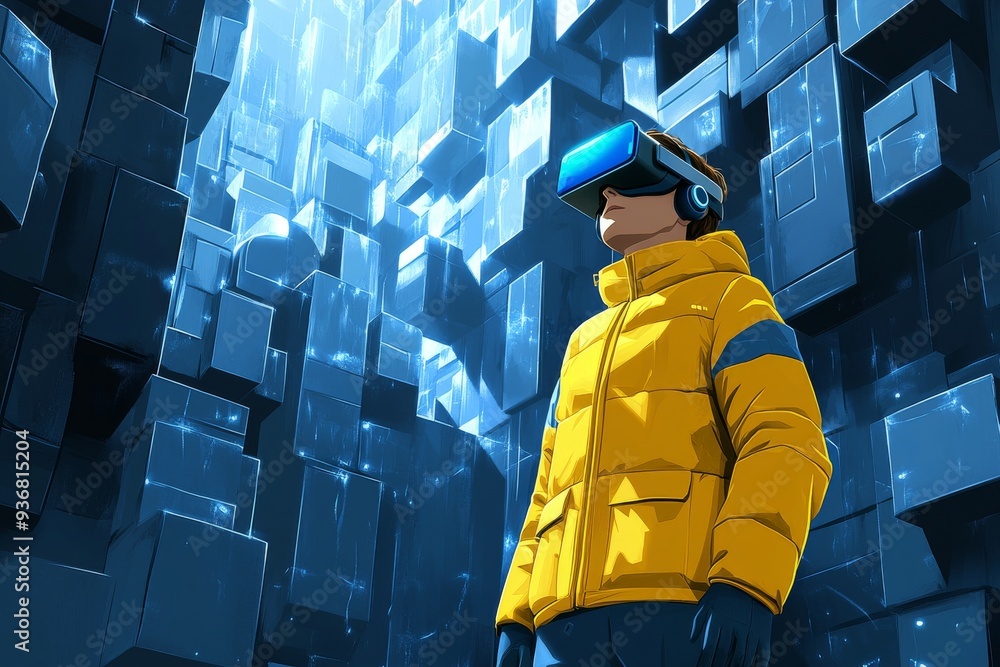 Poster a person standing in a high tech environment with towering digital cubes fully immersed in a virtual