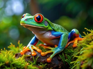 Naklejka premium Vibrant green Indonesian tree frog, Katak Mutiara, with iridescent blue stripes and bulging golden eyes, perches on a mossy leaf, showcasing its fascinating amphibian features.
