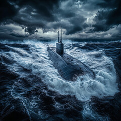 Fototapeta premium Powerful Submarine Navigating Through Stormy Ocean Waters Under Dark Clouds, Capturing Naval Strength and Resilience in a Dramatic Marine Scene