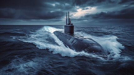 Powerful Submarine Navigating Through Stormy Ocean Waters Under Dark Clouds, Capturing Naval Strength and Resilience in a Dramatic Marine Scene