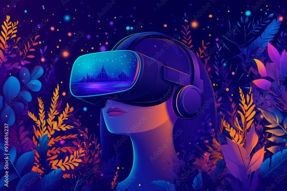 Aufkleber a person wearing a vr headset exploring a vibrant and colorful digital world filled with stars and c