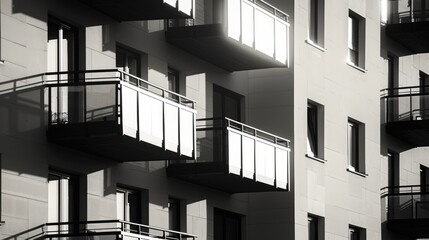 Exterior of a contemporary residential structure featuring windows and balconies, presented in monochrome and illuminated by sunlight.