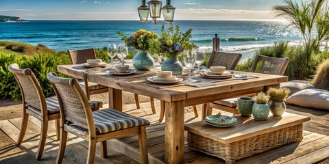 Obraz premium Rustic charm meets coastal cool, this outdoor table sets a stylish scene for gatherings, featuring driftwood-inspired legs and weathered wood planks in a soothing beachy color palette.
