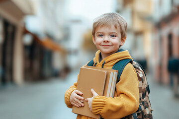 back to school, smiling young boy with backpack and books in hand, generative AI