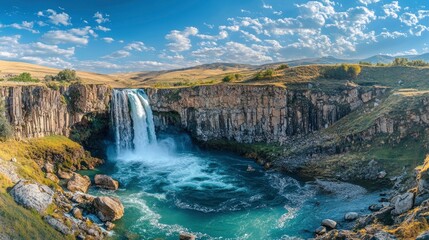 Fototapeta premium Panoramic image of Tortum (Uzundere) waterfall from down in Uzundere. Landscape view of Tortum Waterfall in Tortum,Erzurum,Turkey. Explore the world's beauty and wildlife , ai