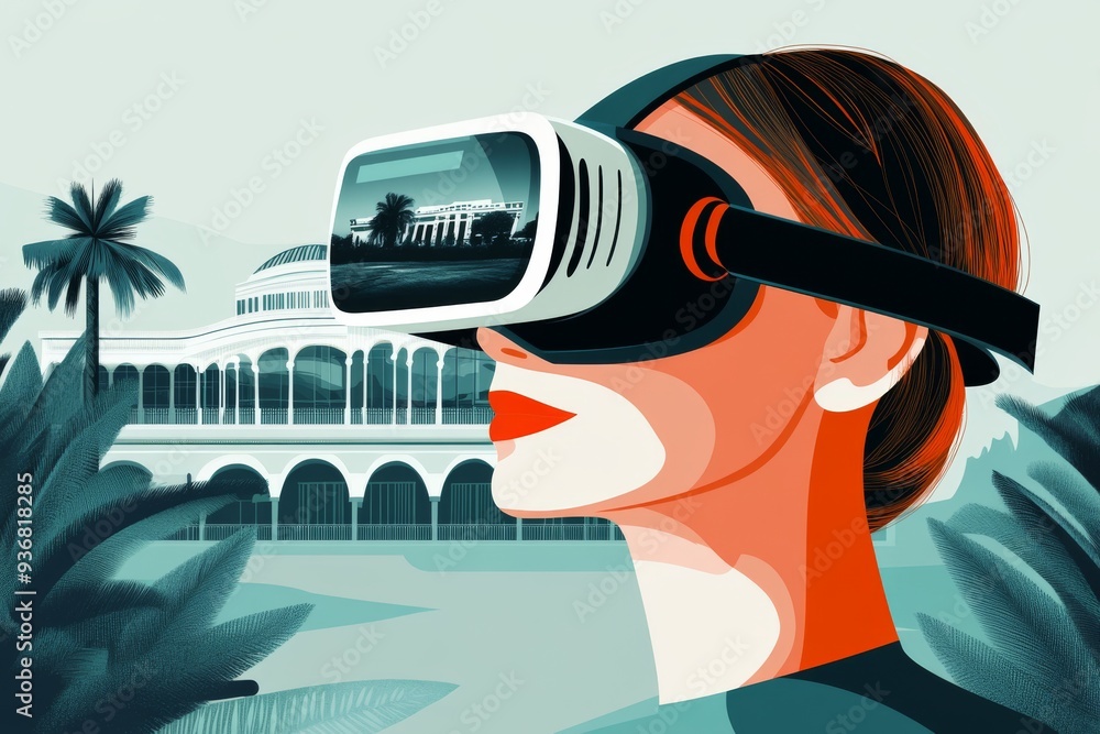 Poster a surreal scene of a person wearing a vr headset standing in front of an abstract white background r