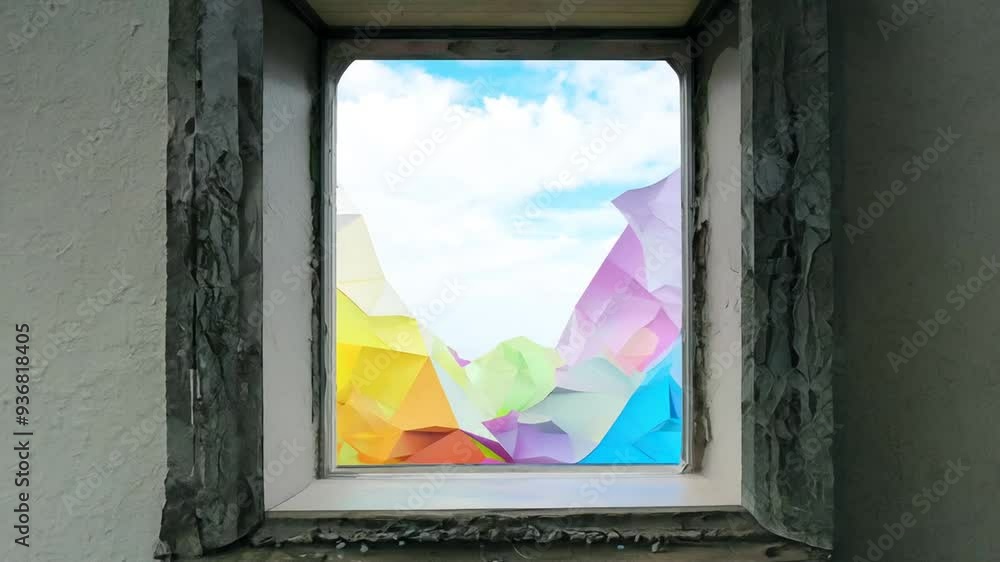 Poster colorful abstract landscape view through a window on a bright day generative ai