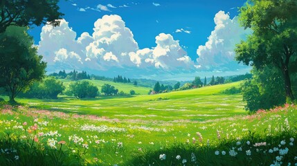 Fototapeta premium A picturesque view of a rolling green meadow dotted with wildflowers under a bright blue sky with fluffy white clouds.