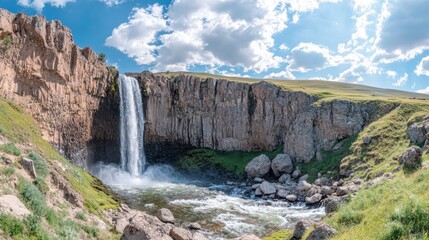 Panoramic image of Tortum (Uzundere) waterfall from down in Uzundere. Landscape view of Tortum Waterfall in Tortum,Erzurum,Turkey. Explore the world's beauty and wildlife , ai