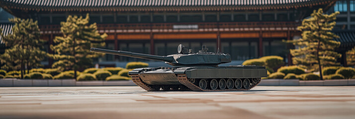 Obraz premium a war tank poses against the backdrop of beautiful modern buildings, generative AI