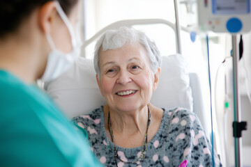 Obraz premium A cheerful elderly woman in a medical facility enjoys a heartening conversation with a friendly nurse, surrounded by a bright and inviting atmosphere.