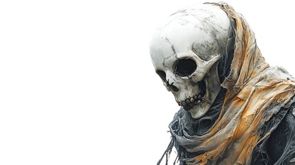 A tattered dress on a skeletal warrior, Halloween mask with spooky designs, fantasy illustration, eerie atmosphere, isolated on white background