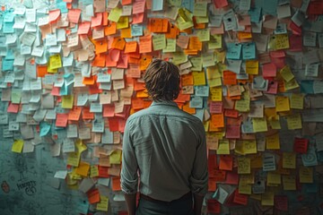 Individual analyzing a colorful wall covered in sticky notes, symbolizing brainstorming and idea generation in a creative workspace.