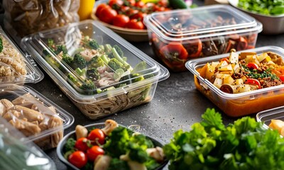 Assorted meal prep containers with various foods